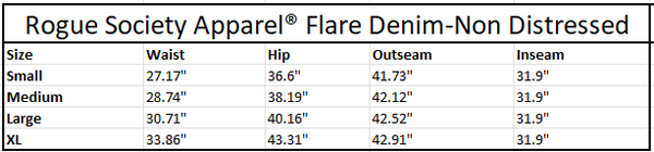 Size chart of non distressed flare jeans