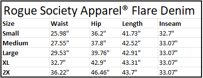 Size chart for high waisted flare jeans.
